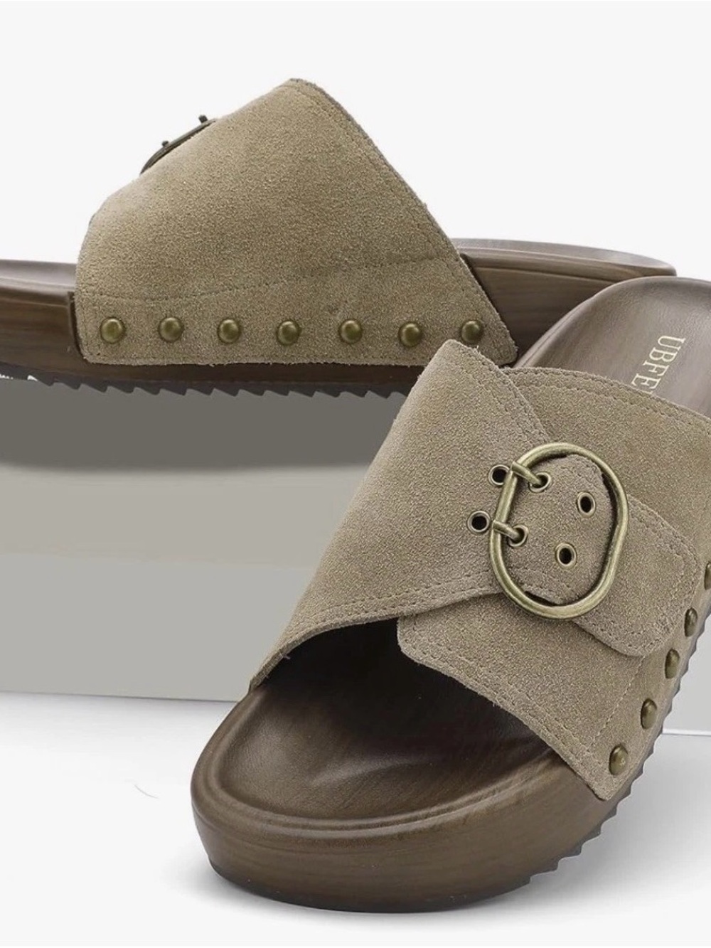 Suede Taupe Slide Sandal with Decorative Buckle